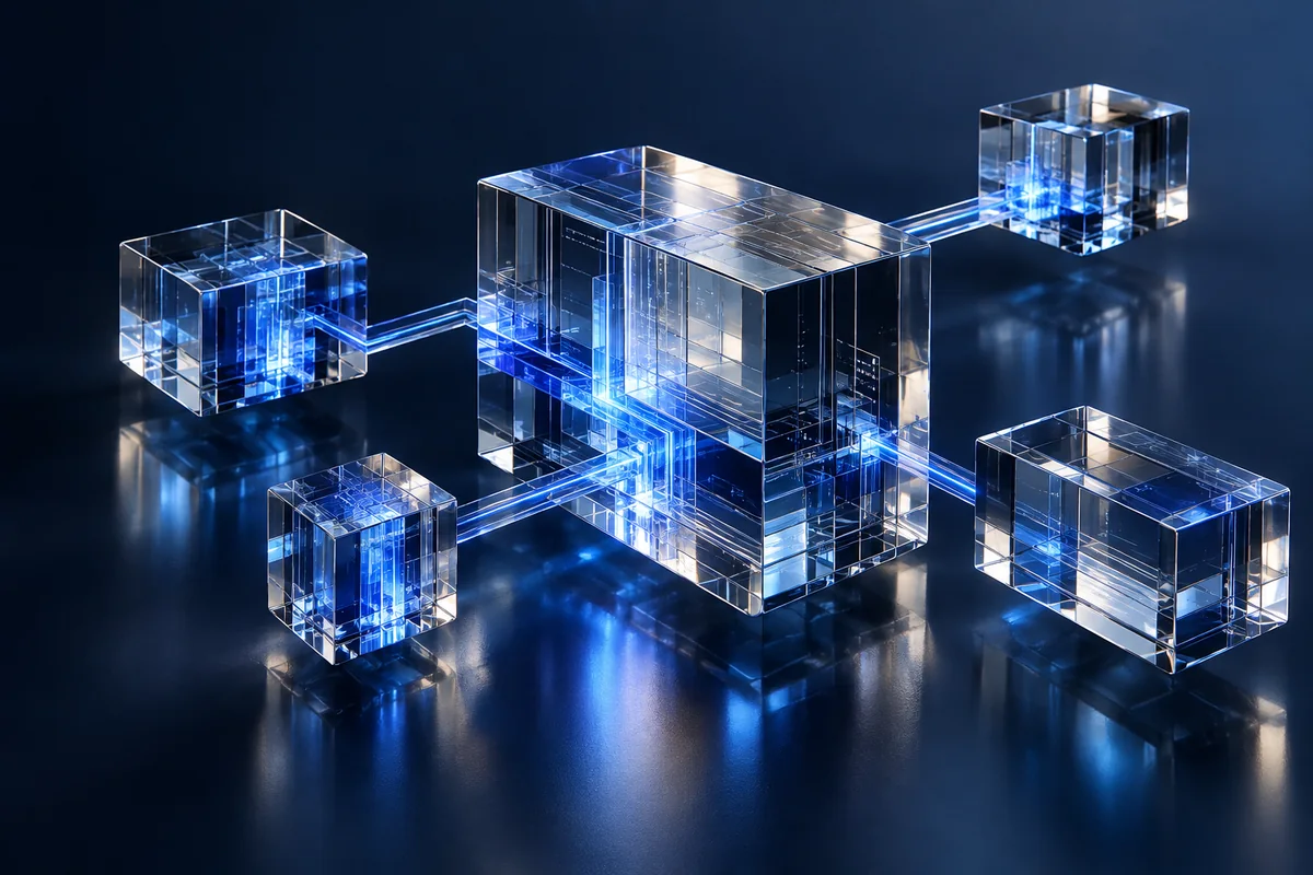 Abstract AI future concept with optical glass modules and cobalt light connections