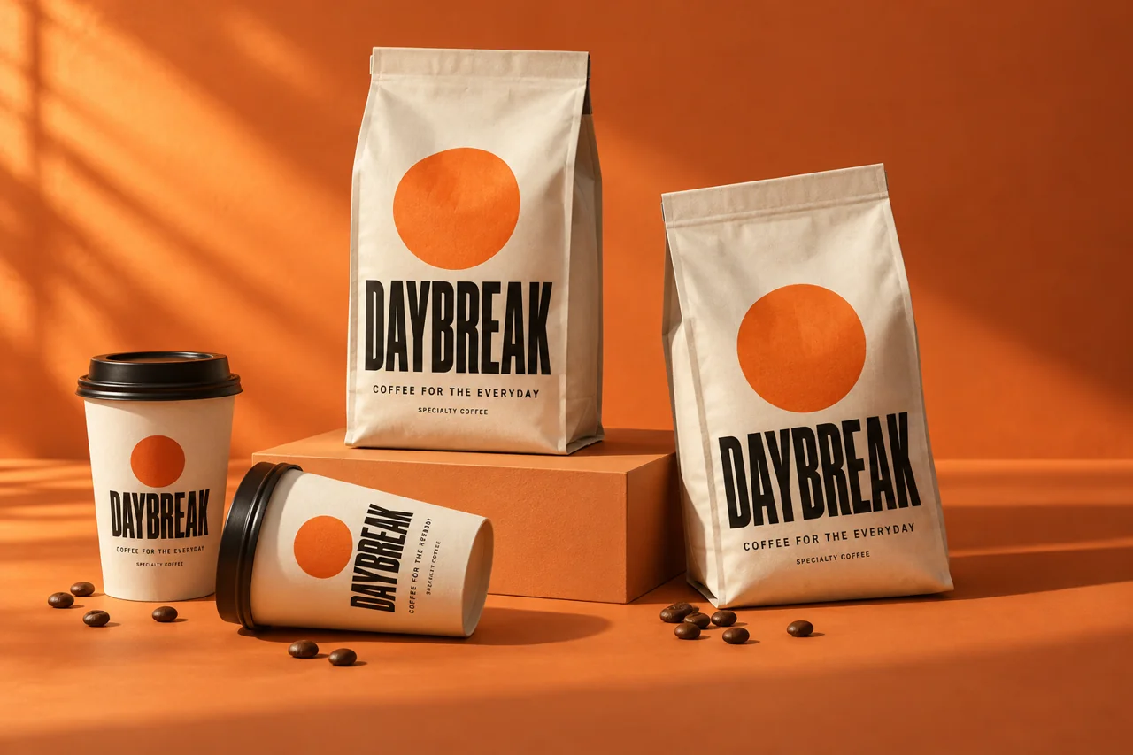 DAYBREAK concept coffee packaging with cream bags, a sunrise symbol and takeaway cups on an orange studio set.