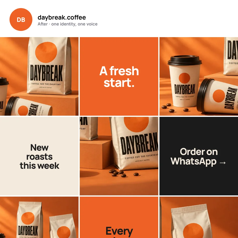 After: a consistent DAYBREAK Instagram grid with brand colours, photography and clear offers.
