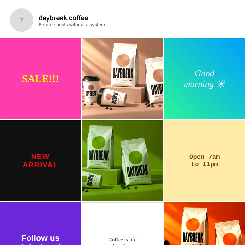 Before: an inconsistent Instagram grid with clashing colours, fonts and filters.