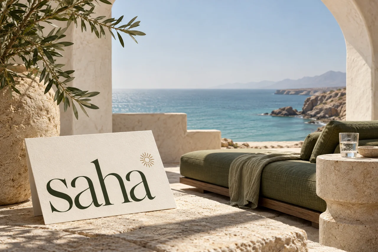 SAHA concept retreat identity on an ivory card, beside a linen chaise and a sunlit stone arch overlooking the sea.