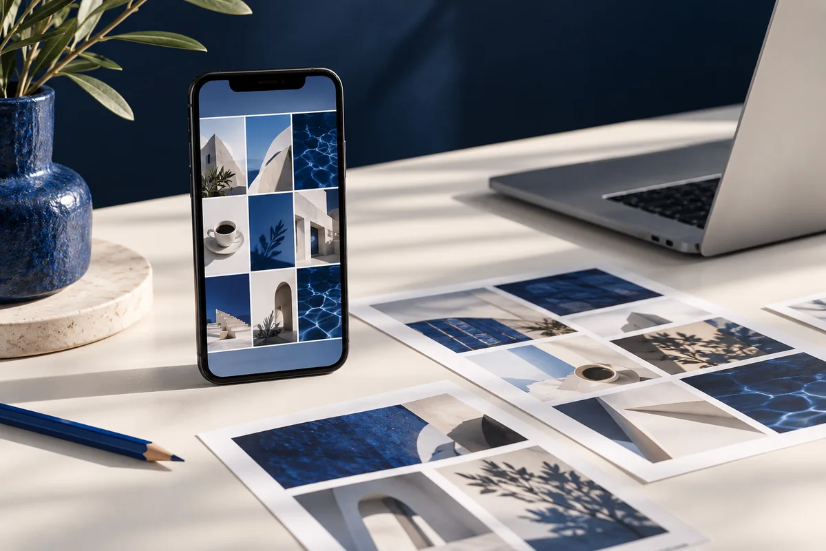 Editorial concept of a social media planning desk with a phone, laptop and campaign contact sheets