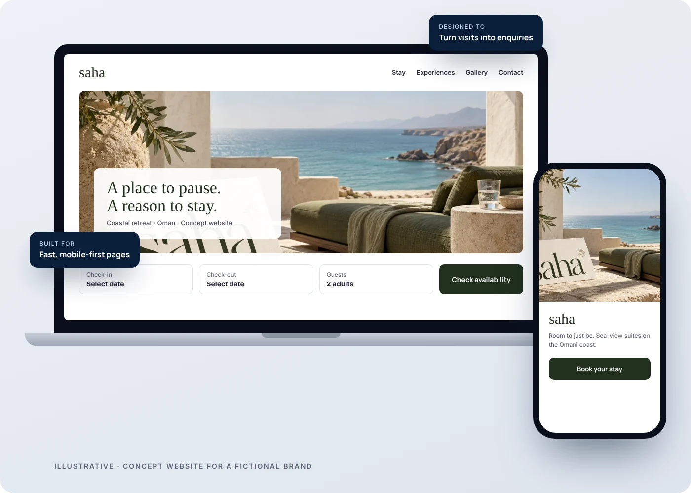 Illustration of a mobile-first concept website for the fictional SAHA retreat on a laptop and phone.